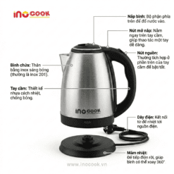 Chi tiết tay cầm và nắp ấm đun nước Inocook an toàn, tiện lợi khi sử dụng